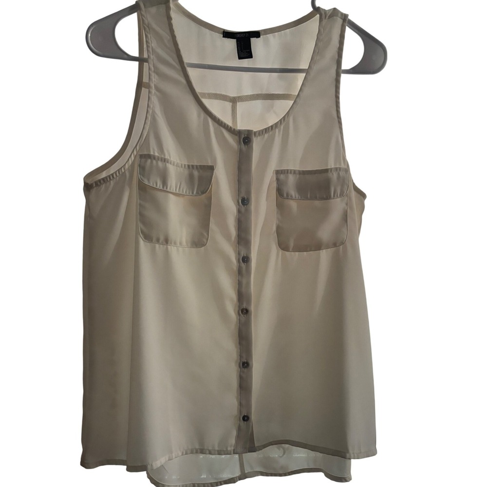Forever 21 Sleeveless Button Down Tank Top with Pockets Cream Size Large Preowne